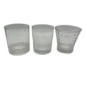 3 Crown Royal Lowball Whiskey Glasses All Different Clear Glass 3.5" Tall